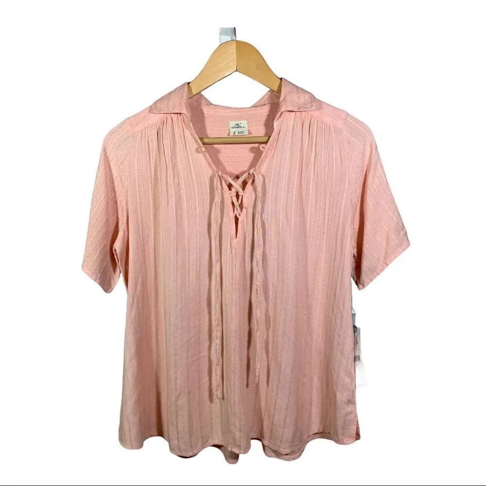 O’NEILL Women’s Lace Up Short Sleeve Boho Peasant Top Pink Size Small